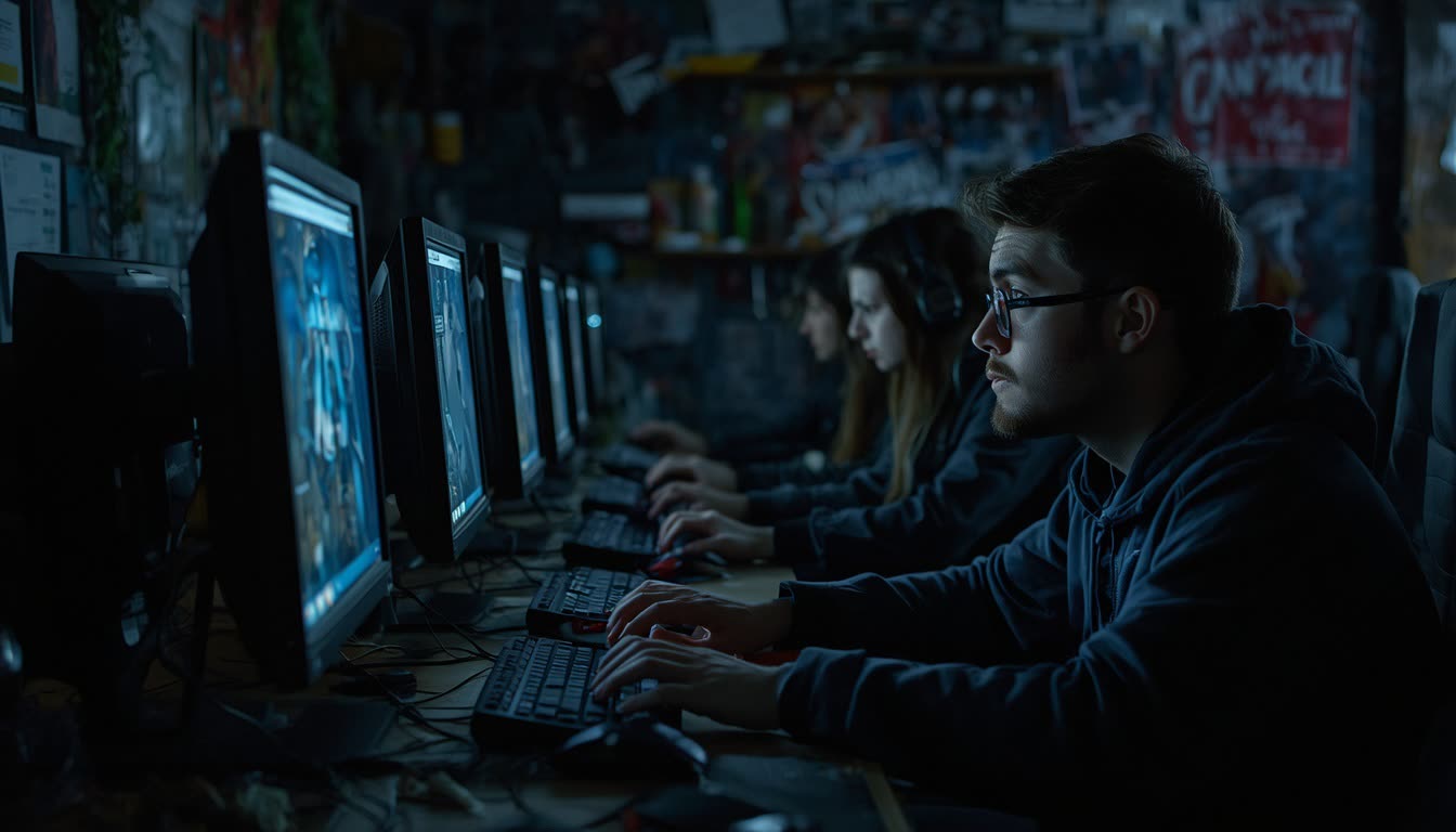 Players seated along a row of PCs in a dim neighbourhood gaming club, monitors glowing down the line